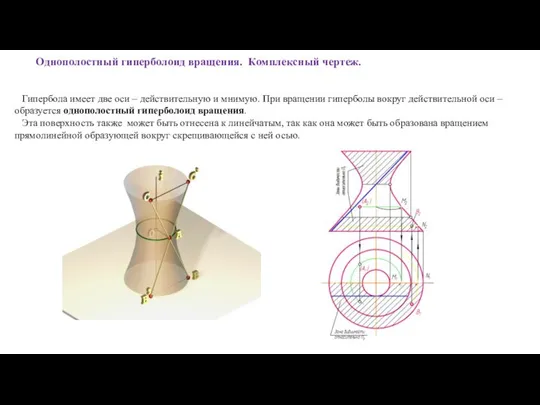 Однополостный гиперболоид вращения. Комплексный чертеж. Гипербола имеет две оси – действительную и