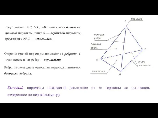 Треугольники SАВ, SВС, SАС называются боковыми гранями пирамиды, точка S — вершиной