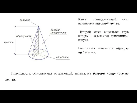 Катет, принадле­жащий оси, называется высотой конуса. Второй катет описывает круг, который называется