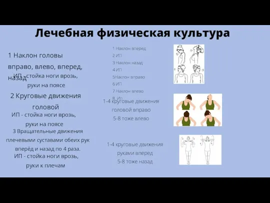 Лечебная физическая культура 1 Наклон головы вправо, влево, вперед, назад 1 Наклон