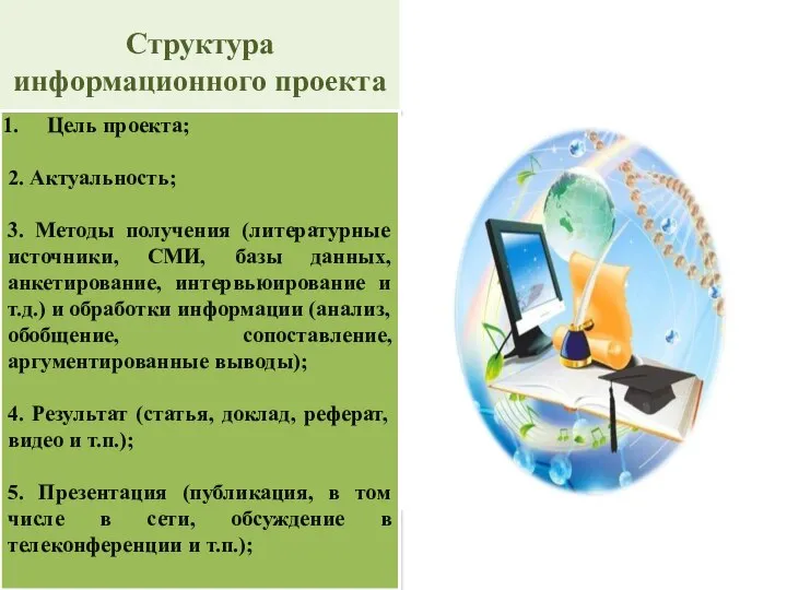 Структура информационного проекта Цель проекта; 2. Актуальность; 3. Методы получения (литературные источники,