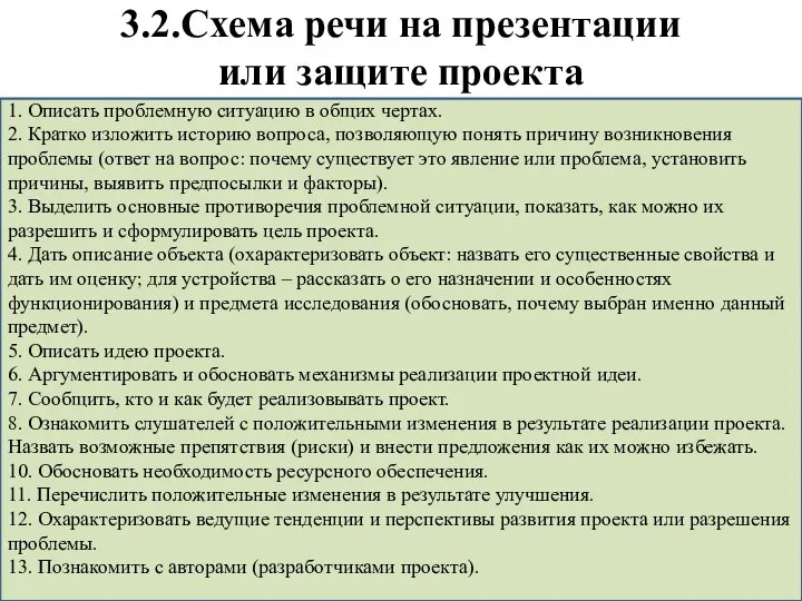 3.2.Схема речи на презентации или защите проекта 1. Описать проблемную ситуацию в