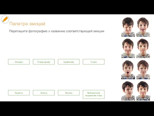 Палитра эмоций Перетащите фотографию к названию соответствующей эмоции Нейтральное выражение лица Радость