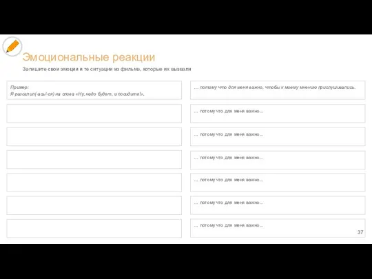 Эмоциональные реакции Пример: Я разозлил(-ась/-ся) на слова «Ну, надо будет, и посидите!»,