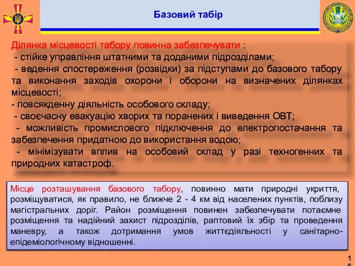 Ділянка місцевості табору повинна забезпечувати : - стійке управління штатними та доданими