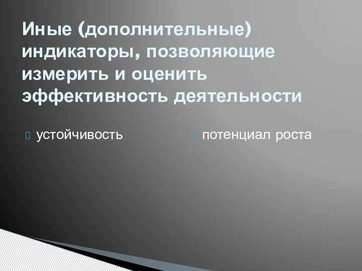 устойчивость потенциал роста Иные (дополнительные) индикаторы, позволяющие измерить и оценить эффективность деятельности