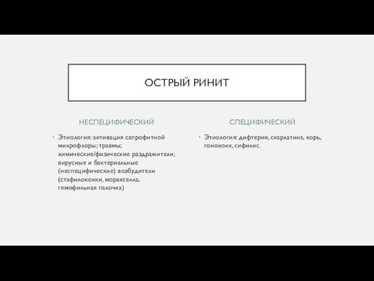 НЕСПЕЦИФИЧЕСКИЙ Этиология: активация сапрофитной микрофлоры; травмы; химические/физические раздражители; вирусные и бактериальные (неспецифические)