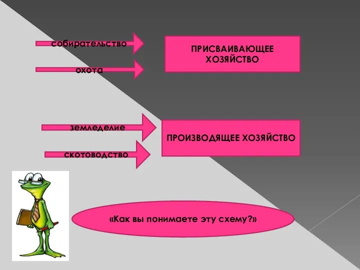 собирательство охота ПРИСВАИВАЮЩЕЕ ХОЗЯЙСТВО земледелие скотоводство ПРОИЗВОДЯЩЕЕ ХОЗЯЙСТВО «Как вы понимаете эту схему?»