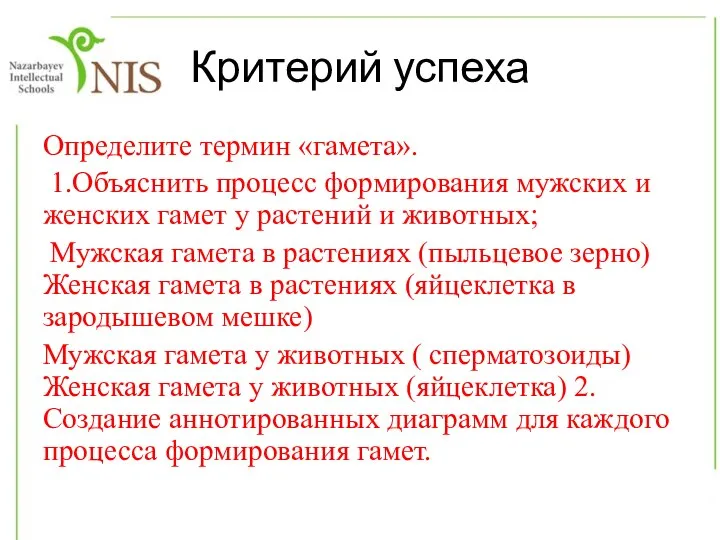 Критерий успеха Определите термин «гамета». 1.Объяснить процесс формирования мужских и женских гамет