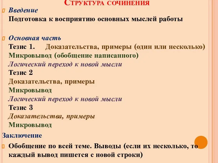 Структура сочинения Введение Подготовка к восприятию основных мыслей работы Основная часть Тезис