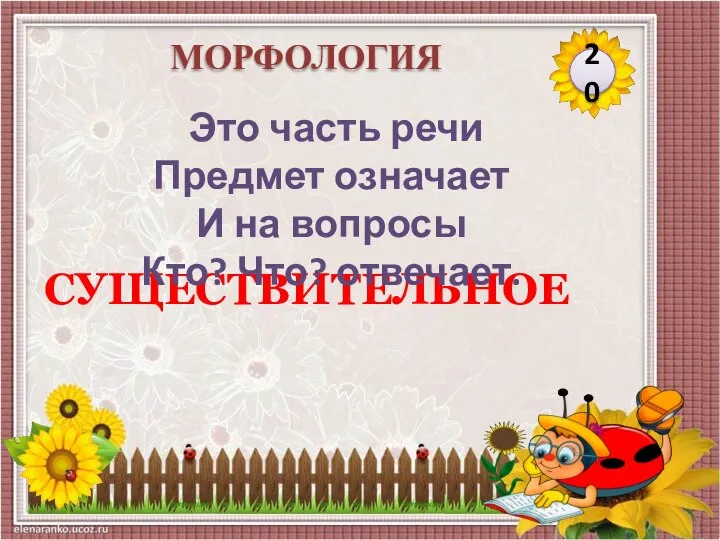 СУЩЕСТВИТЕЛЬНОЕ Это часть речи Предмет означает И на вопросы Кто? Что? отвечает. 20 МОРФОЛОГИЯ