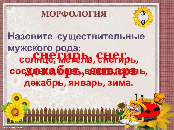 снегирь, снег, декабрь, январь Назовите существительные мужского рода: солнце, метель, снегирь, сосулька,