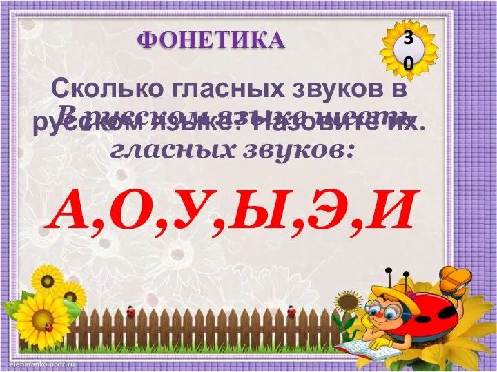 В русском языке шесть гласных звуков: А,О,У,Ы,Э,И Сколько гласных звуков в русском