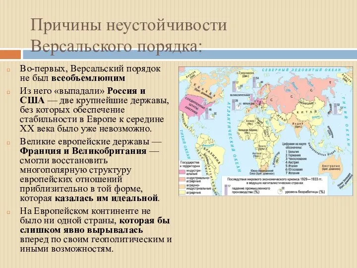 Причины неустойчивости Версальского порядка: Во-первых, Версальский порядок не был всеобъемлющим Из него