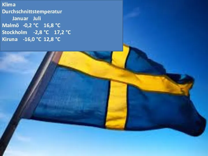 Klima Durchschnittstemperatur Januar Juli Malmö -0,2 °C 16,8 °C Stockholm -2,8 °C