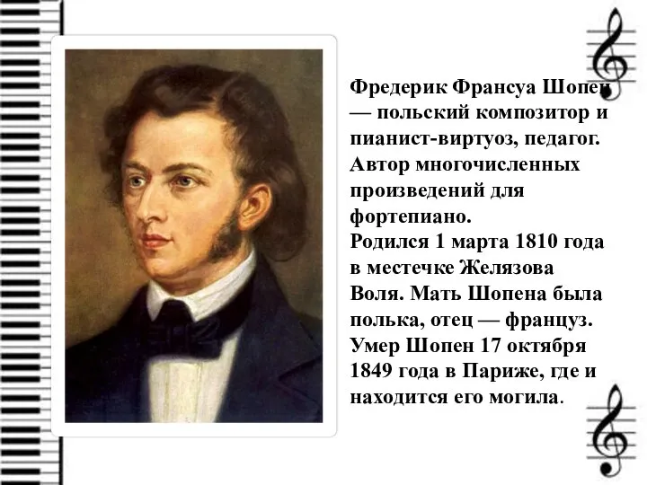 Фредерик Франсуа Шопен — польский композитор и пианист-виртуоз, педагог. Автор многочисленных произведений