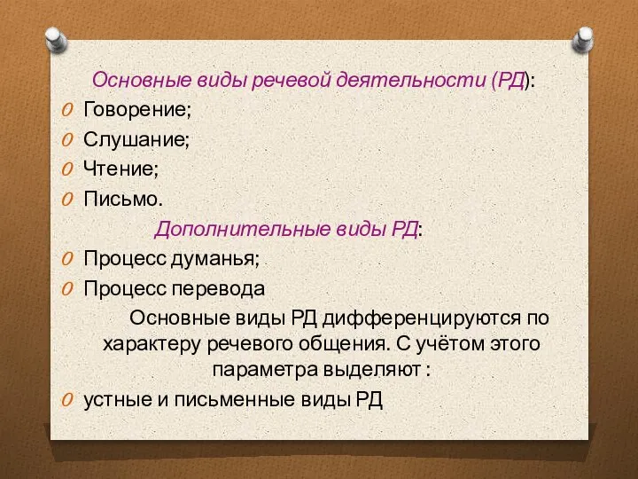 Основные виды речевой деятельности (РД): Говорение; Слушание; Чтение; Письмо. Дополнительные виды РД: