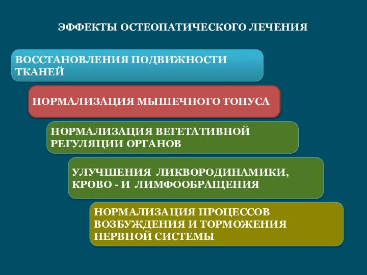 ЭФФЕКТЫ ОСТЕОПАТИЧЕСКОГО ЛЕЧЕНИЯ ВОССТАНОВЛЕНИЯ ПОДВИЖНОСТИ ТКАНЕЙ НОРМАЛИЗАЦИЯ МЫШЕЧНОГО ТОНУСА НОРМАЛИЗАЦИЯ ВЕГЕТАТИВНОЙ РЕГУЛЯЦИИ