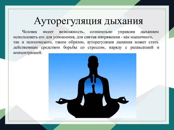 Ауторегуляция дыхания Человек имеет возможность, сознательно управляя дыханием использовать его для успокоения,