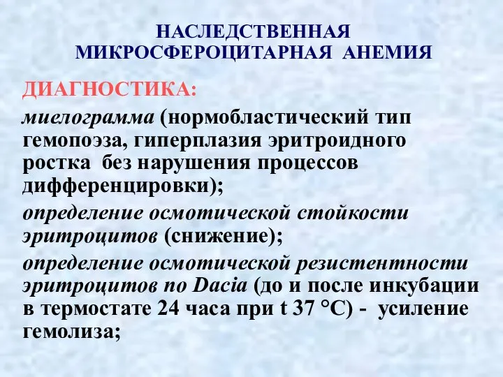 НАСЛЕДСТВЕННАЯ МИКРОСФЕРОЦИТАРНАЯ АНЕМИЯ ДИАГНОСТИКА: миелограмма (нормобластический тип гемопоэза, гиперплазия эритроидного ростка без