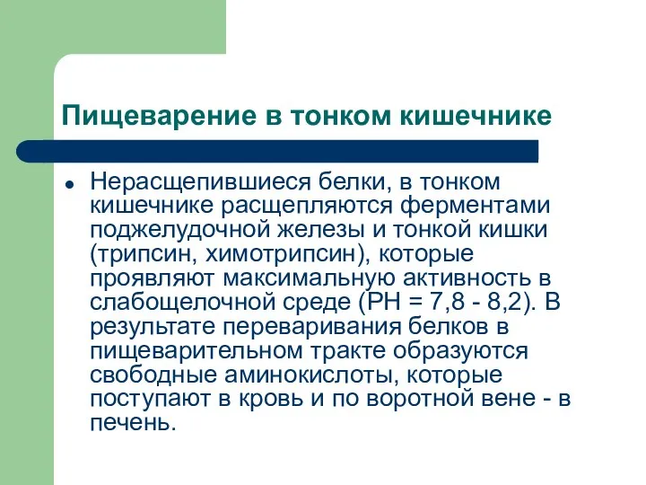 Пищеварение в тонком кишечнике Нерасщепившиеся белки, в тонком кишечнике расщепляются ферментами поджелудочной