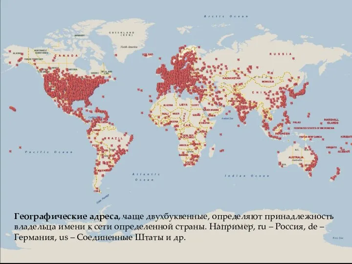 Географические адреса, чаще двухбуквенные, определяют принадлежность владельца имени к сети определенной страны.