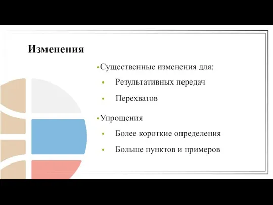 Существенные изменения для: Результативных передач Перехватов Упрощения Более короткие определения Больше пунктов и примеров Изменения