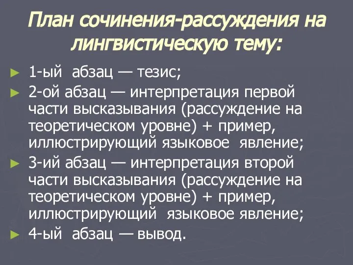 План сочинения-рассуждения на лингвистическую тему: 1-ый абзац — тезис; 2-ой абзац —