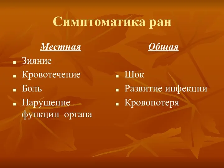 Симптоматика ран Местная Зияние Кровотечение Боль Нарушение функции органа Общая Шок Развитие инфекции Кровопотеря