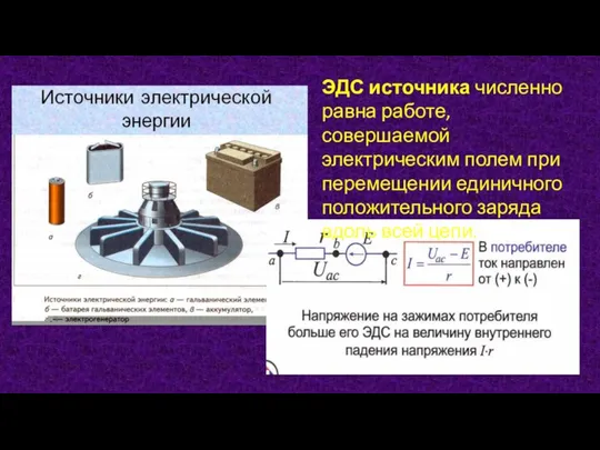 ЭДС источника численно равна работе, совершаемой электрическим полем при перемещении единичного положительного заряда вдоль всей цепи.