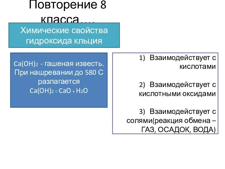 Повторение 8 класса…. Химические свойства гидроксида кльция Ca(OH)2 - гашеная известь. При