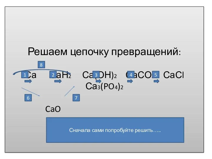 Решаем цепочку превращений: Са СаН2 Са(ОН)2 СаСО3 СаСl Са3(PO4)2 CaO 1 2