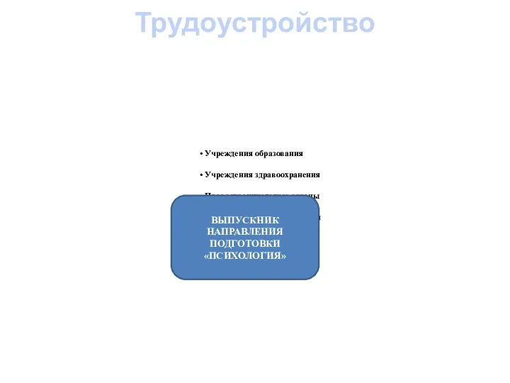 Трудоустройство Учреждения образования Учреждения здравоохранения Правоохранительные органы Промышленные предприятия Частная практика Частная