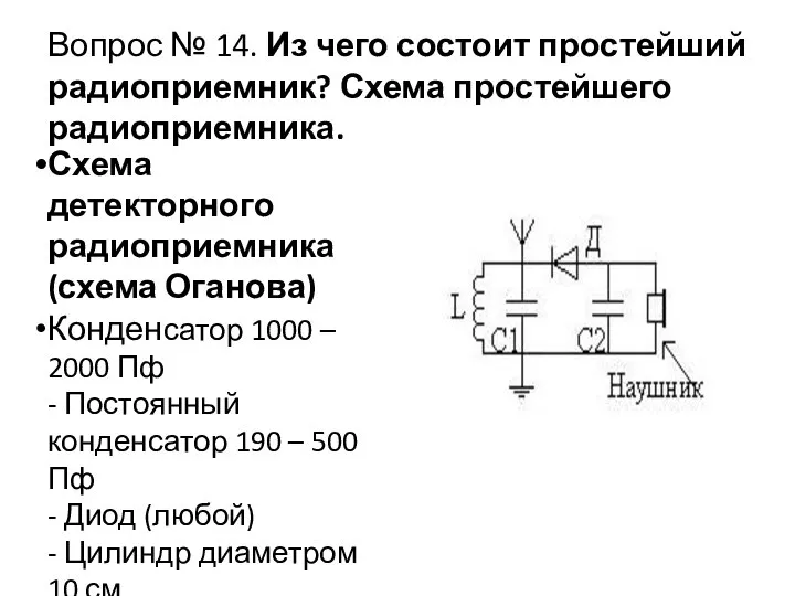 Вопрос № 14. Из чего состоит простейший радиоприемник? Схема простейшего радиоприемника. Схема