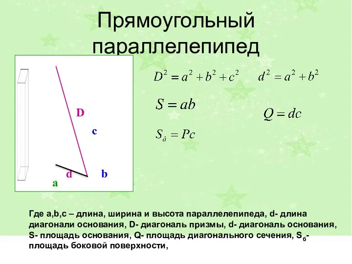 Прямоугольный параллелепипед Где a,b,c – длина, ширина и высота параллелепипеда, d- длина