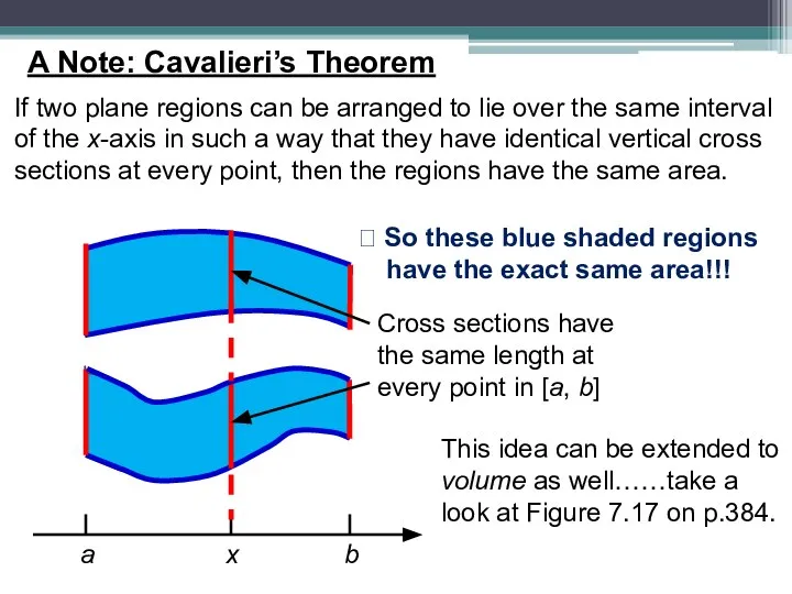 A Note: Cavalieri’s Theorem If two plane regions can be arranged to