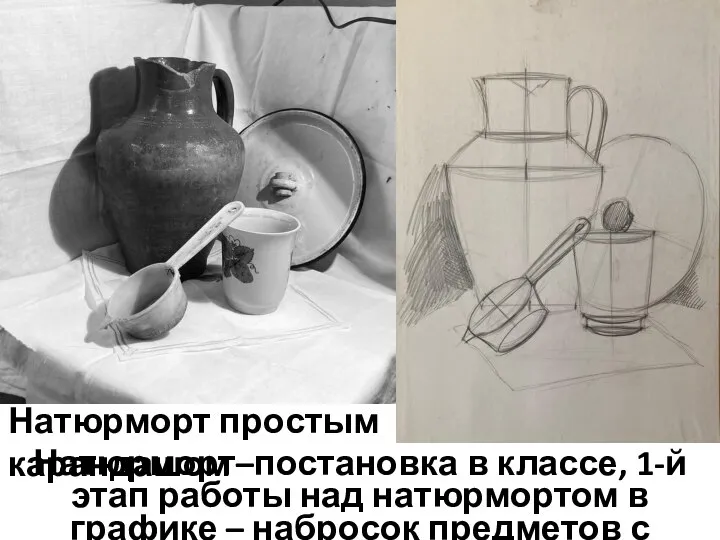 Натюрморт–постановка в классе, 1-й этап работы над натюрмортом в графике – набросок