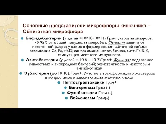 Основные представители микрофлоры кишечника – Облигатная микрофлора Бифидобактерии (у детей =10^10-10^11) Грам+,