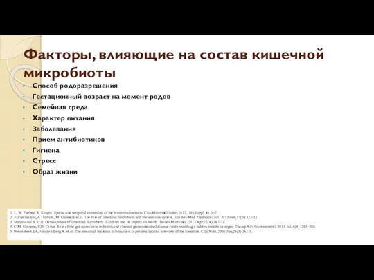 Факторы, влияющие на состав кишечной микробиоты Способ родоразрешения Гестационный возраст на момент