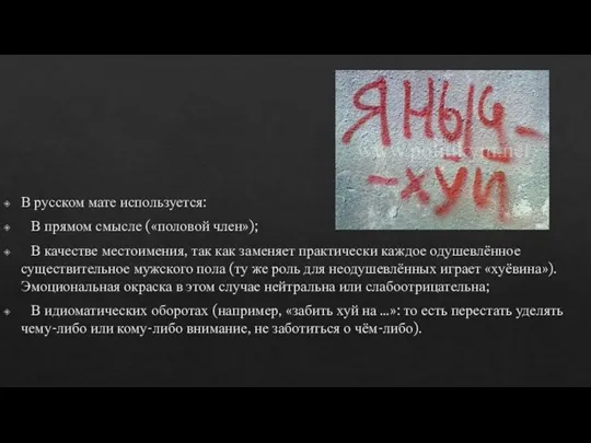 В русском мате используется: В прямом смысле («половой член»); В качестве местоимения,