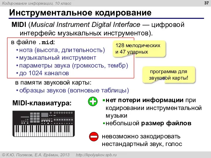 Инструментальное кодирование MIDI (Musical Instrument Digital Interface — цифровой интерфейс музыкальных инструментов).