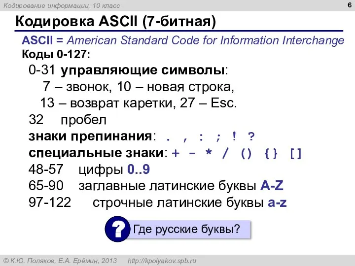 Кодировка ASCII (7-битная) ASCII = American Standard Code for Information Interchange Коды