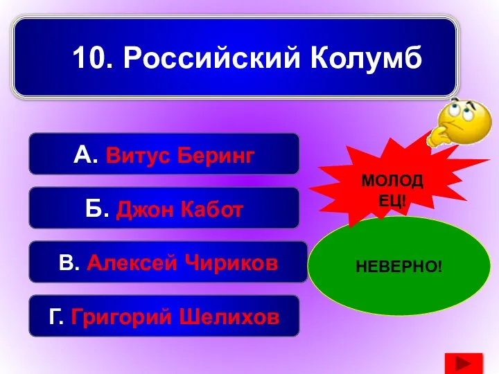 10. Российский Колумб В. Алексей Чириков А. Витус Беринг Г. Григорий Шелихов