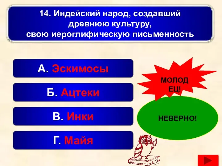 14. Индейский народ, создавший древнюю культуру, свою иероглифическую письменность В. Инки А.