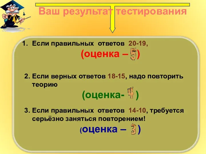 Если правильных ответов 20-19, (оценка – ) 2. Если верных ответов 18-15,