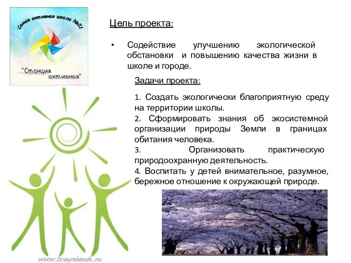 Цель проекта: Содействие улучшению экологической обстановки и повышению качества жизни в школе