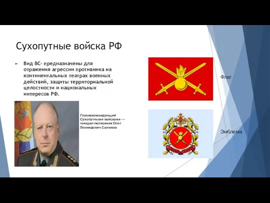 Сухопутные войска РФ Вид ВС- предназначены для отражения агрессии противника на континентальных
