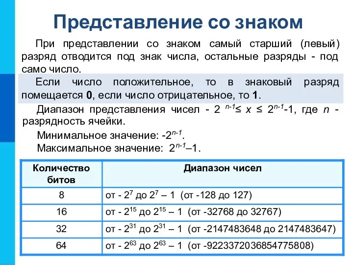 Представление со знаком При представлении со знаком самый старший (левый) разряд отводится