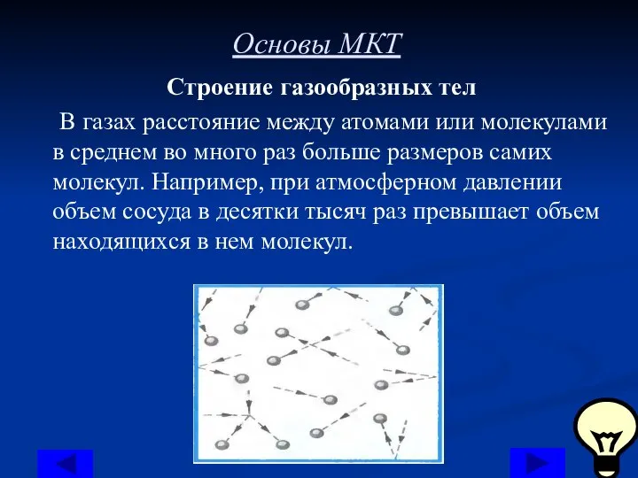 Основы МКТ Строение газообразных тел В газах расстояние между атомами или молекулами