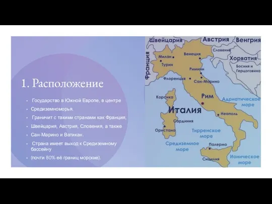 1. Расположение Государство в Южной Европе, в центре Средиземноморья. Граничит с такими